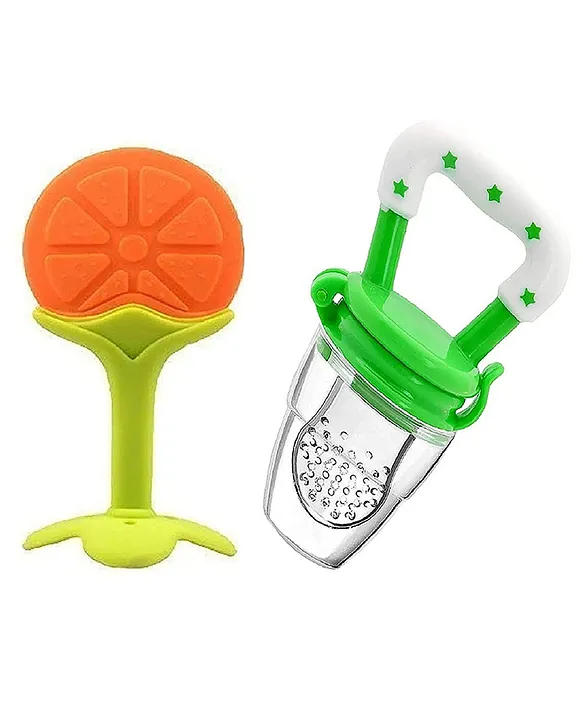20621062a Baby Silicone Fruit Teether & Fruit Feeder Combo - Orange Fruit teether & Green Fruit Feeder - MultiColor - NeonateCare India