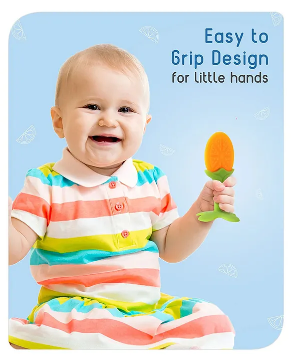 Baby Silicone Fruit Teether & Fruit Feeder Combo - Orange Fruit teether & Green Fruit Feeder - MultiColor