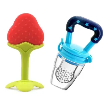 Baby Silicone Fruit Teether & Fruit Feeder Combo - Red Fruit teether & Blue Fruit Feeder - NeonateCare India