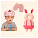Utility combo of Head protector, helmet and Knee pads (Pink smiley helmet, Pink Rabbit head protector and multicolor Knee pad ) pack of 3 utility items - Pink - NeonateCare India