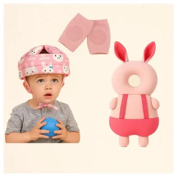 Utility combo of Head protector, helmet and Knee pads (Pink smiley helmet, Pink Rabbit head protector and multicolor Knee pad ) pack of 3 utility items - Pink - NeonateCare India