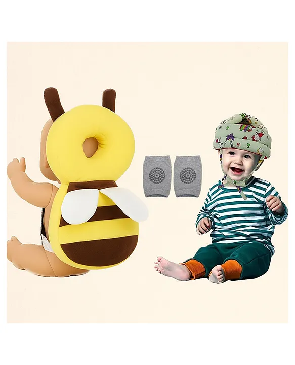 20750644a safety combo of Baby Helmet Head Protector and knee pads (Green jungle helmet Yellow Head protector and multicolor knee pads) - Multi - NeonateCare India