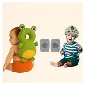safety combo of Baby Helmet Head Protector and knee pads (Green jungle helmet Green frog head protector and multicolor knee pads) - Multi - NeonateCare India
