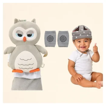 safety combo of Baby Helmet Head Protector and knee pads (Grey star helmet Grey Owl Head protector and multicolor knee pads) - Grey - NeonateCare India