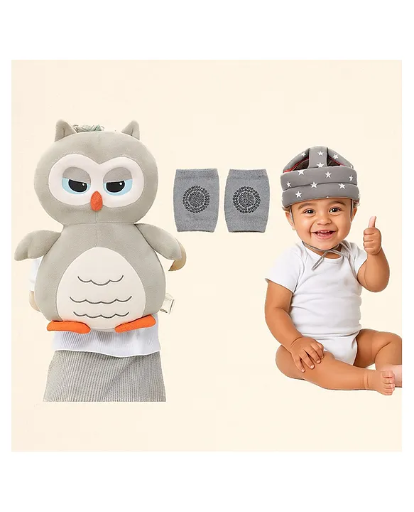 20750646a safety combo of Baby Helmet Head Protector and knee pads (Grey star helmet Grey Owl Head protector and multicolor knee pads) - Grey - NeonateCare India