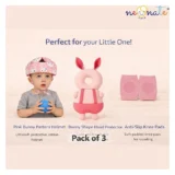 safety combo of Baby Helmet Head Protector and knee pads (Pink Happy helmet Pink Rabbit Head protector and multicolor knee pads) - Pink - NeonateCare India