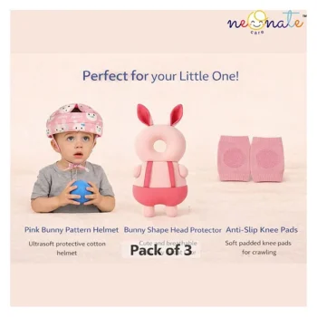 safety combo of Baby Helmet Head Protector and knee pads (Pink Happy helmet Pink Rabbit Head protector and multicolor knee pads) - Pink - NeonateCare India