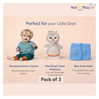safety combo of Baby Helmet Head Protector and knee pads (Cream Jungle helmet Owl Head protector and multicolor knee pads) - Blue - NeonateCare India