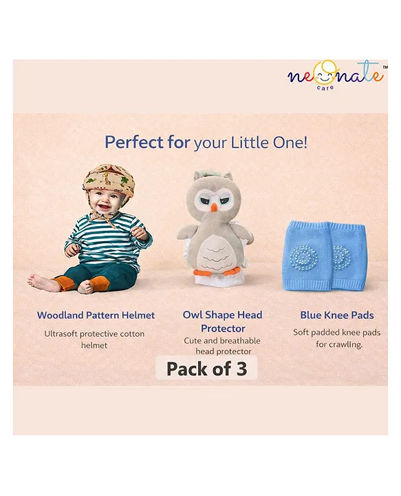 20750654a safety combo of Baby Helmet Head Protector and knee pads (Cream Jungle helmet Owl Head protector and multicolor knee pads) - Blue - NeonateCare India