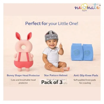 safety combo of Baby Helmet Head Protector and knee pads (Grey Star helmet Pink Rabbit Head protector and multicolor knee pads) - Pink - NeonateCare India