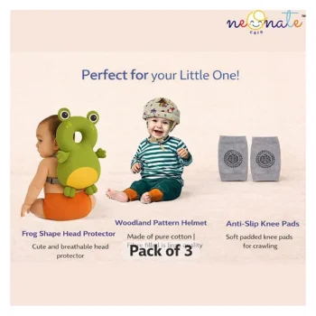 safety combo of Baby Helmet Head Protector and knee pads (Green Jungle helmet Frog Head protector and multicolor knee pads) - NeonateCare India