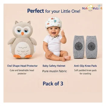 Baby safety Combo of Baby Muslin Helmet and Baby Head Protector with knee pads (Rainbow muslin Helmet + Grey owl Head protector + knee pads) (pack of 3) - NeonateCare India