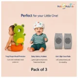 Baby safety Combo of Baby Muslin Helmet and Baby Head Protector with knee pads (Rainbow muslin Helmet + Green frog Head protector + knee pads) (pack of 3) - NeonateCare India