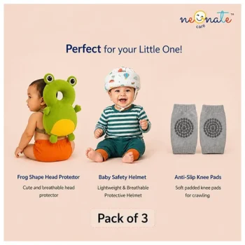 Baby safety Combo of Baby Muslin Helmet and Baby Head Protector with knee pads (Rainbow muslin Helmet + Green frog Head protector + knee pads) (pack of 3) - NeonateCare India
