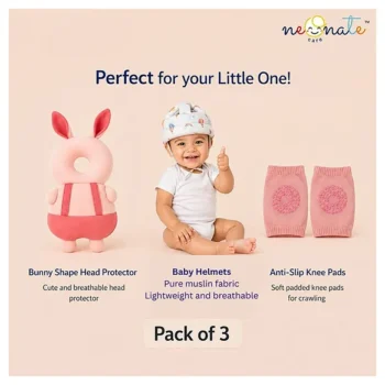 Baby safety Combo of Baby Muslin Helmet and Baby Head Protector with knee pads (Rainbow muslin Helmet + Pink Rabbit Head protector + knee pads) (pack of 3) - NeonateCare India