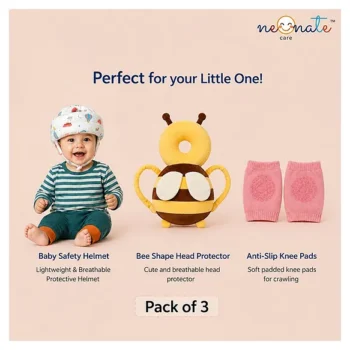Baby safety Combo of Baby Muslin Helmet and Baby Head Protector with knee pads (Rainbow muslin Helmet + Yellow Head protector + knee pads) (pack of 3) - NeonateCare India