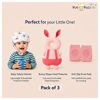 Baby safety Combo of Baby Muslin Helmet and Baby Head Protector with knee pads (Rainbow muslin Helmet + Pink rabbit Head protector + knee pads) (pack of 3) - NeonateCare India