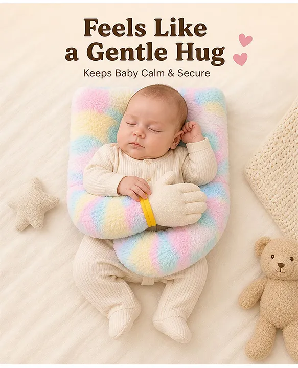 22187344b Baby Hugging Pillow for Head Shaping|Neck Support New Born Baby Infant Soft,Plush Pillow - RainBow Fur Peach Hand Hugging Pilllow - NeonateCare India