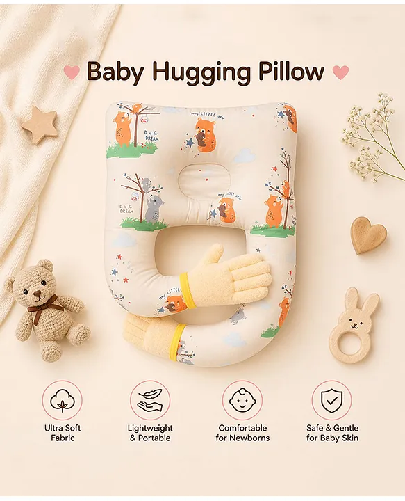 Baby Hugging Pillow for Head Shaping|Neck Support New Born Baby Infant Soft,Plush Pillow - Cream Bear Hugging Pilllow